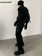 Men’s Oversized PU Leather Jacket – Black Shoulder Pad Zip-Up Coat