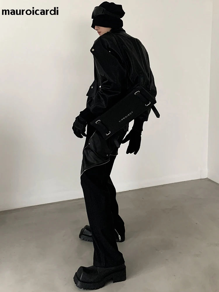 Men’s Oversized PU Leather Jacket – Black Shoulder Pad Zip-Up Coat
