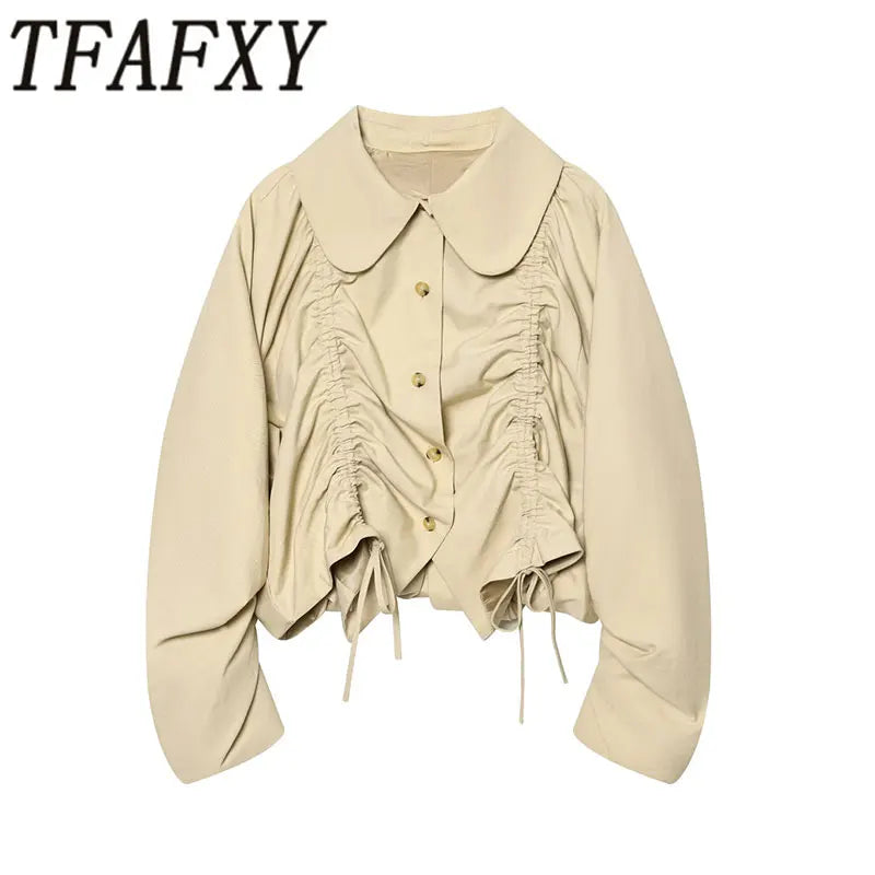 Chic Pleated Bomber Jacket – Women’s Casual Long Sleeve Coat