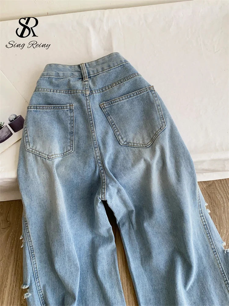 Women’s Distressed Wide Leg Jeans – Loose Fit Y2K Streetwear Denim Pants