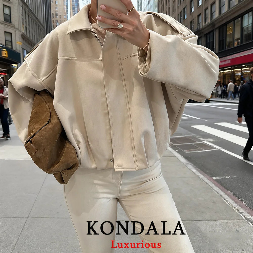 Women’s Khaki Suede Bomber Jacket – Oversized Zip-Up Coat