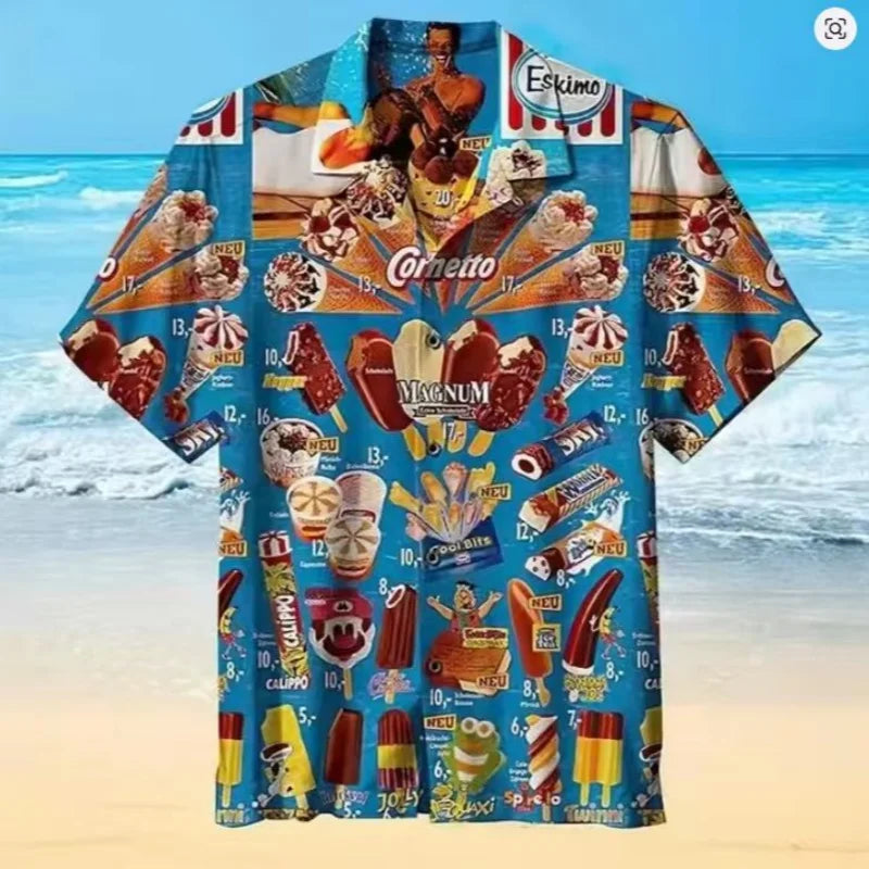 Men’s Cat Print Button-Up Shirt – Oversized Short Sleeve Summer Hawaiian Top