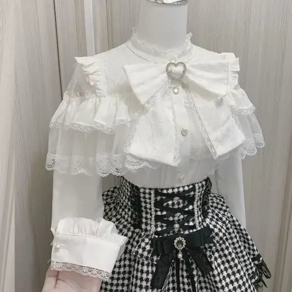 Lolita Bow Lace Blouse – Women’s Black & White Long Sleeve Shirt