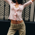 Ruffled V-Neck Lace Knit Top – Women’s Slim Fit Ruched Blouse