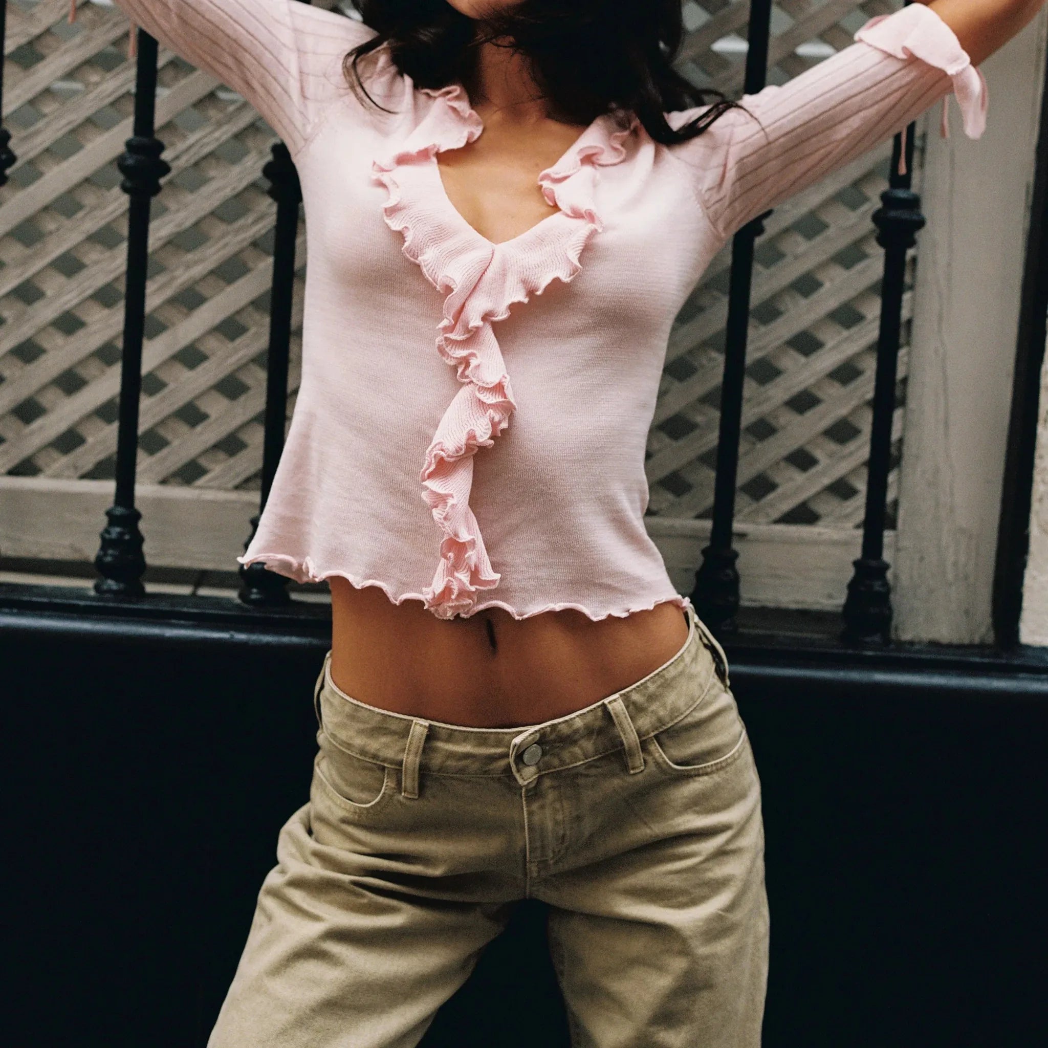 Ruffled V-Neck Lace Knit Top – Women’s Slim Fit Ruched Blouse