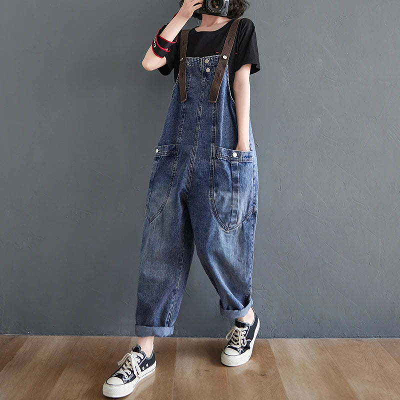 Women’s High Waist Denim Overalls – Loose Fit Cropped Summer Pants