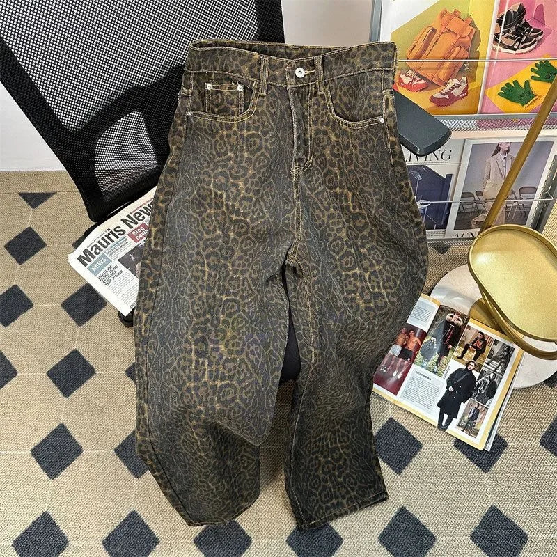 Men’s Leopard Wide Leg Jeans – Loose Straight Streetwear Denim Pants