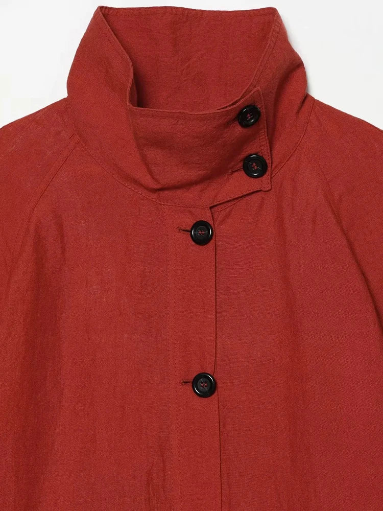 Women’s Red Cropped Bomber Jacket – Loose Fit Stand Collar Coat