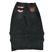 Washed Black Monster Embroidery Jeans – Unisex Baggy Wide Leg Denim Pants