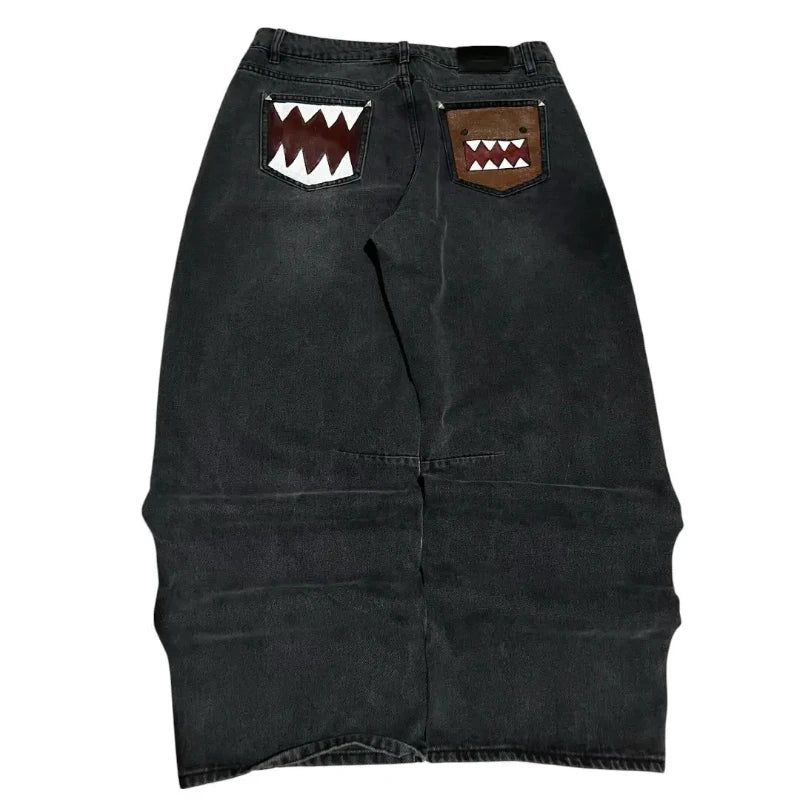 Washed Black Monster Embroidery Jeans – Unisex Baggy Wide Leg Denim Pants