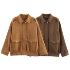 Women’s Suede Cropped Bomber Jacket – Chic Long Sleeve Outerwear