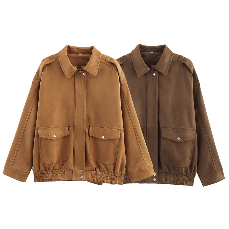 Women’s Suede Cropped Bomber Jacket – Chic Long Sleeve Outerwear