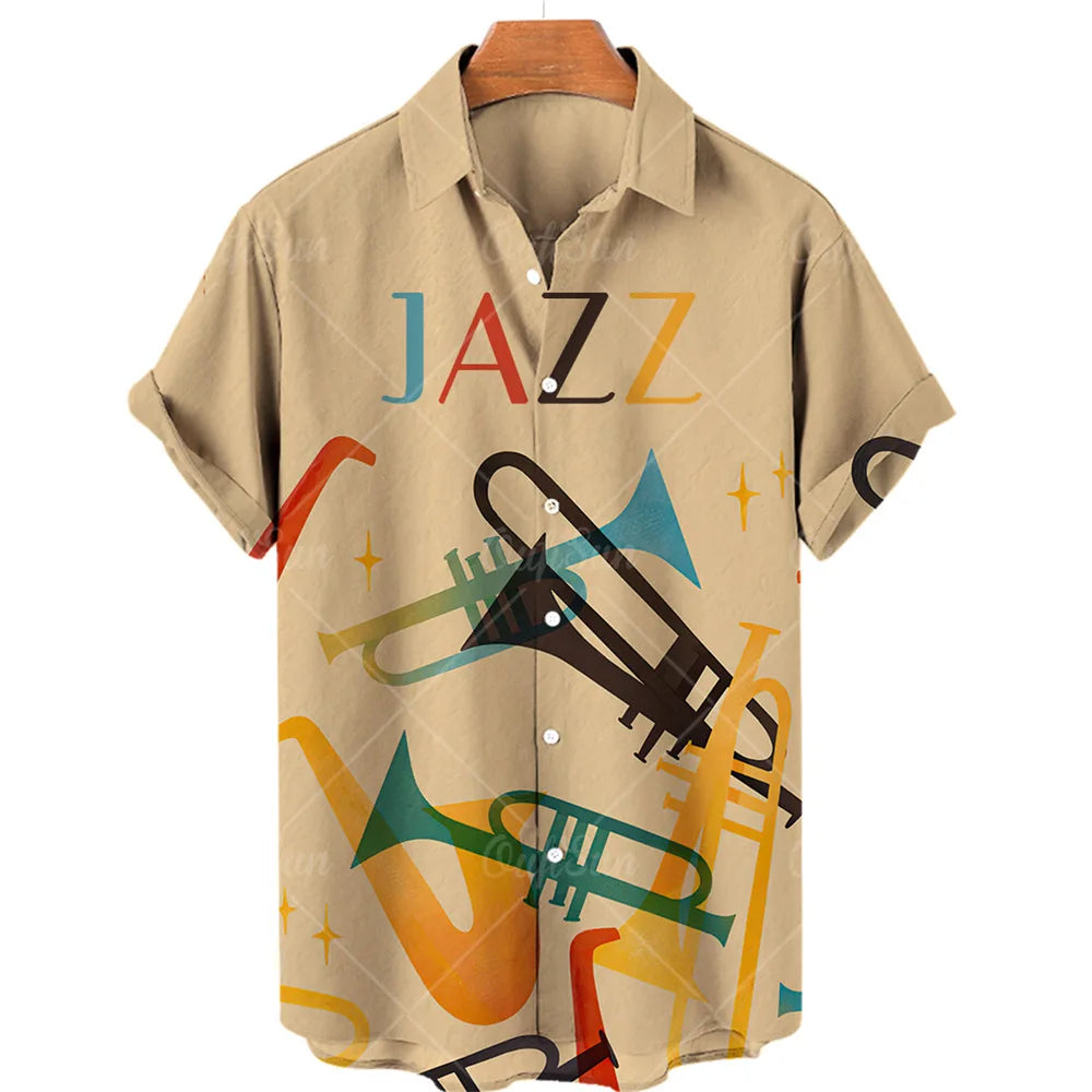 Men’s 3D Musical Note Print Shirt – Short Sleeve Open Front Casual Top