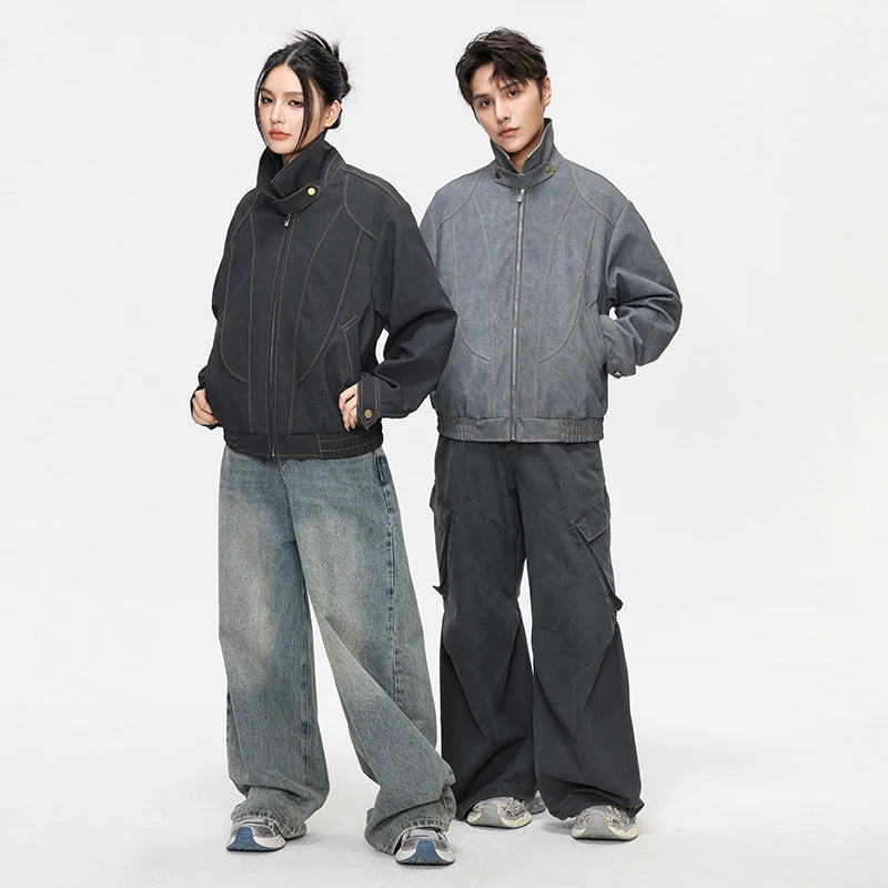 Women’s Retro Seam Detail Jacket – Loose Fit Y2K Streetwear Coat