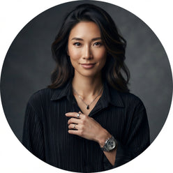 A circular portrait of Aimee Song wearing a crisp white pleated long-sleeved shirt against a neutral minimalist background.