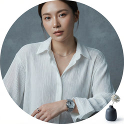 A professional portrait of influencer Lena Situations wearing a loose white long-sleeved pleated shirt against a gray backgro